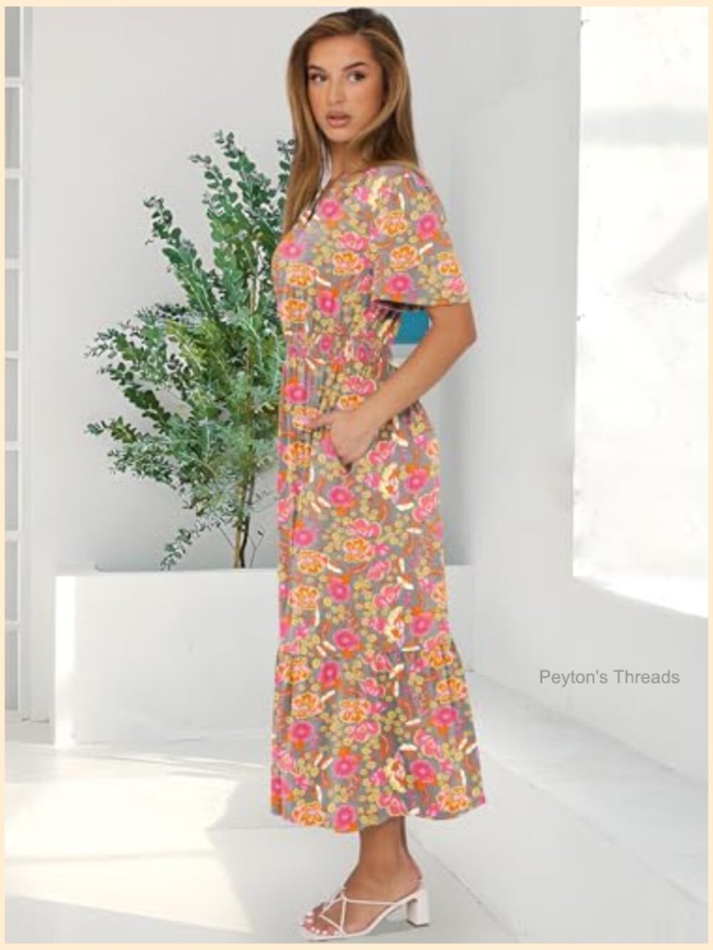 Women's Short Sleeve Maxi Dress V-Neck High Waist A-Line Flowy Tiered Boho - Picture 4 of 7